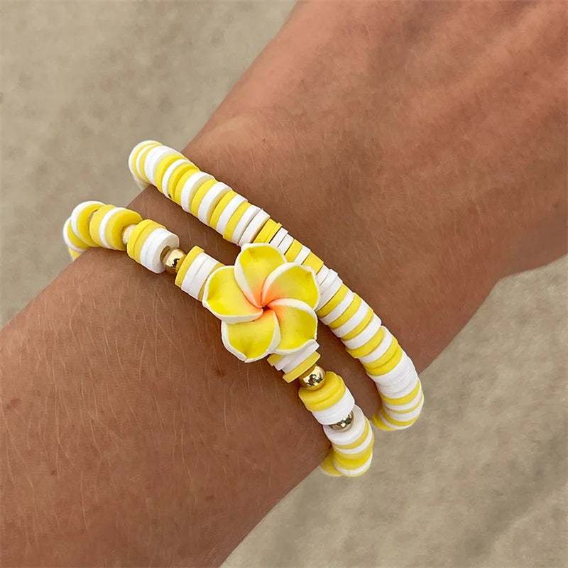2 Pcs/Set Multicolor Polymer Clay Beads Bracelets for Women Bohemian Flower Charm Elastic Chain Set Summer Jewelry Vacation Gift