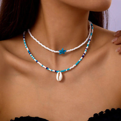 Bohemia Multicolour Bead Shell Pendant Necklace for Women Fashion Summer Adjustable Geometric Jewelry Holiday Beach Gift